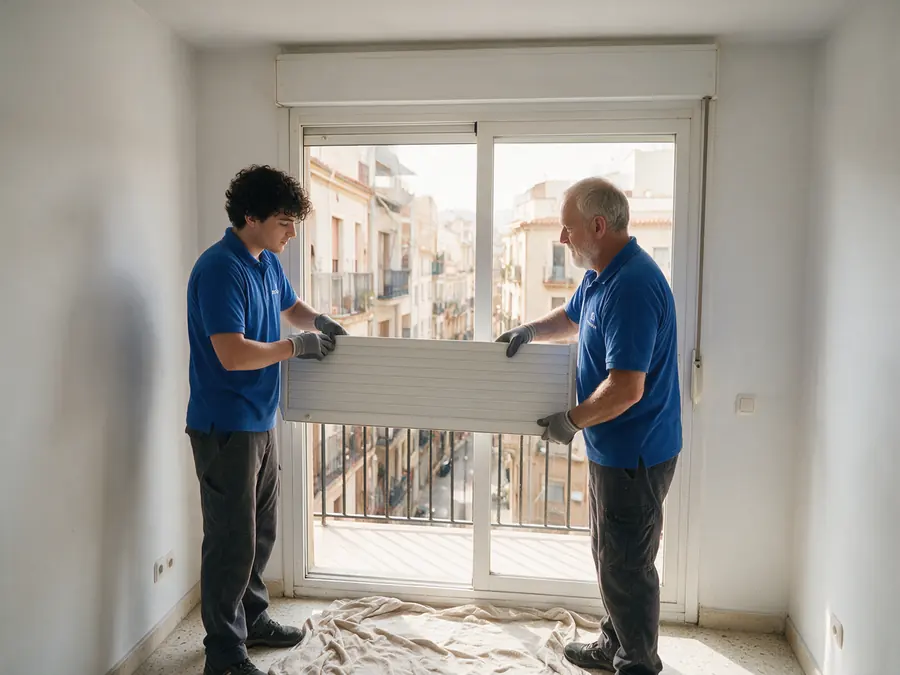 Dos técnicos colocando un paño de lamas de aluminio nuevo en las guías de un balcón