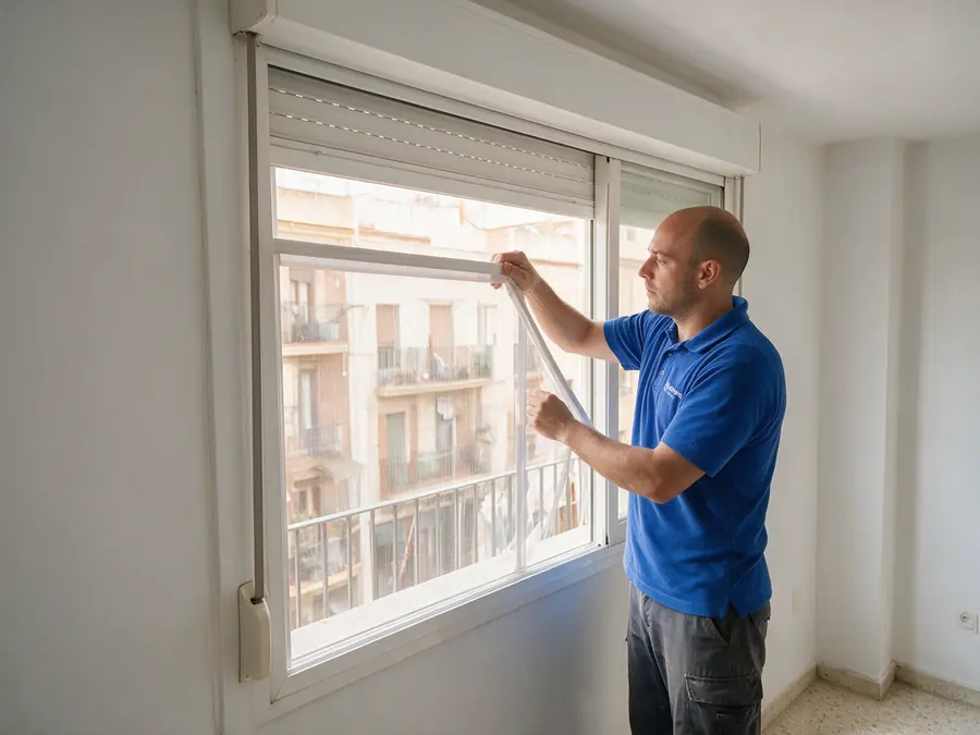 Técnico ajustando una mosquitera enrollable en el marco de la ventana de una cocina